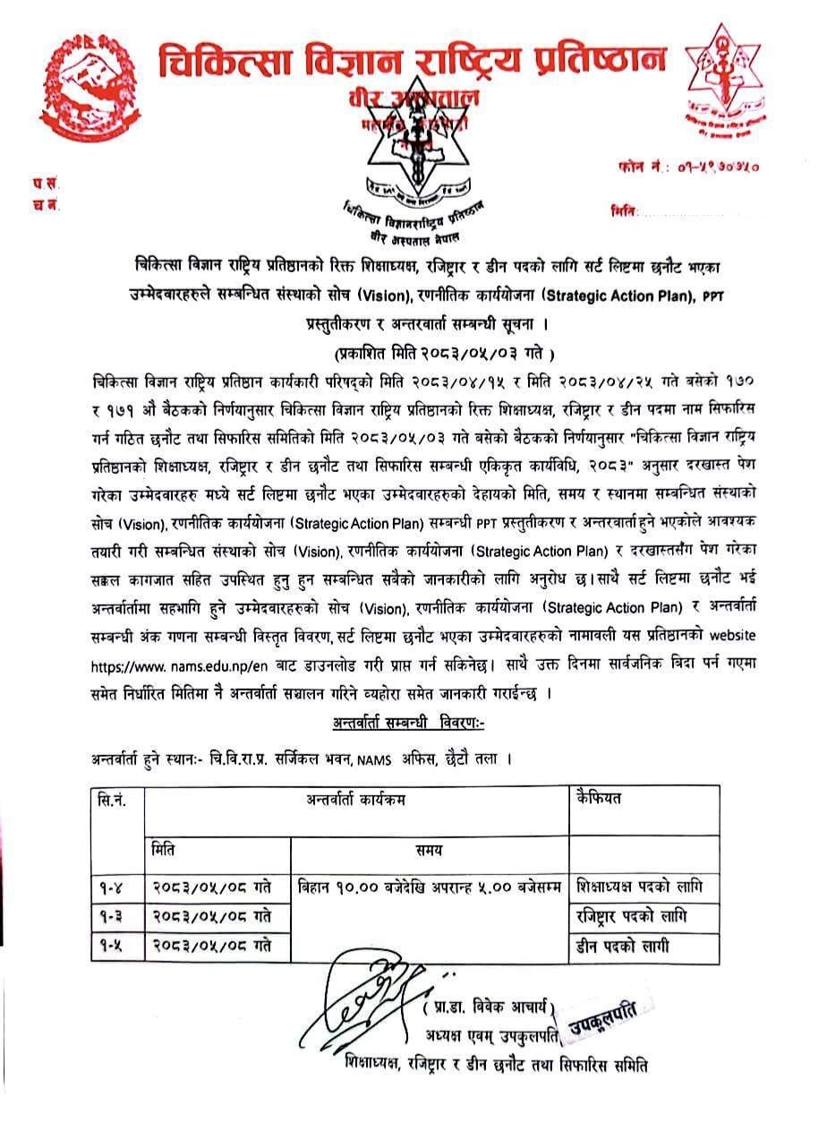 Notice regarding Vision, Strategic Action Plan, PPT Presentation, and Interview of the shortlisted candidates selected for the vacant posts of Rector, Registrar, and Dean of the National Academy of Medical Sciences.